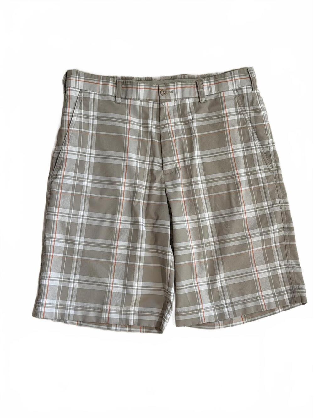 Nike Golf Men's Plaid Fit Dry Shorts Beige and White with Orange Accent Size 32